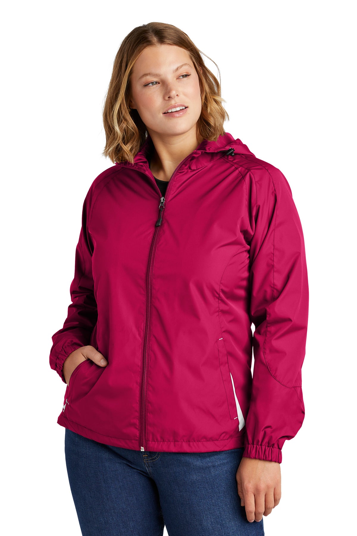 Front View of Pink Rasp/Wht Sport-Tek Women's Colorblock Hooded Raglan Jacket. LST76