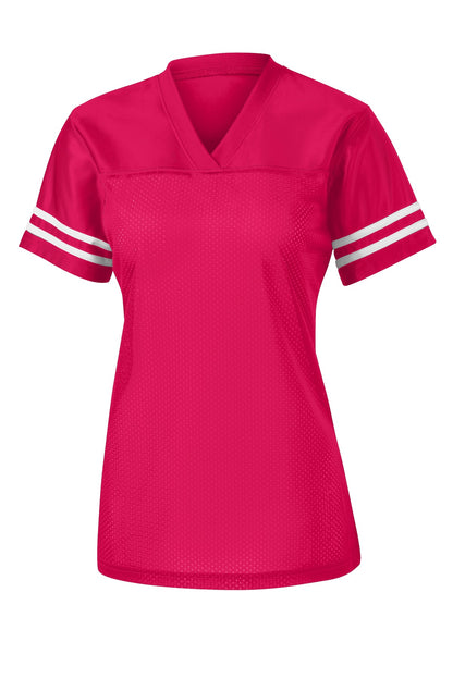Front View of Pink Rasp/Wht Sport-Tek Women's PosiCharge Replica Jersey. LST307