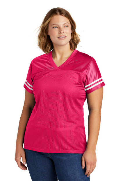 Front View of Pink Rasp/Wht Sport-Tek Women's PosiCharge Replica Jersey. LST307