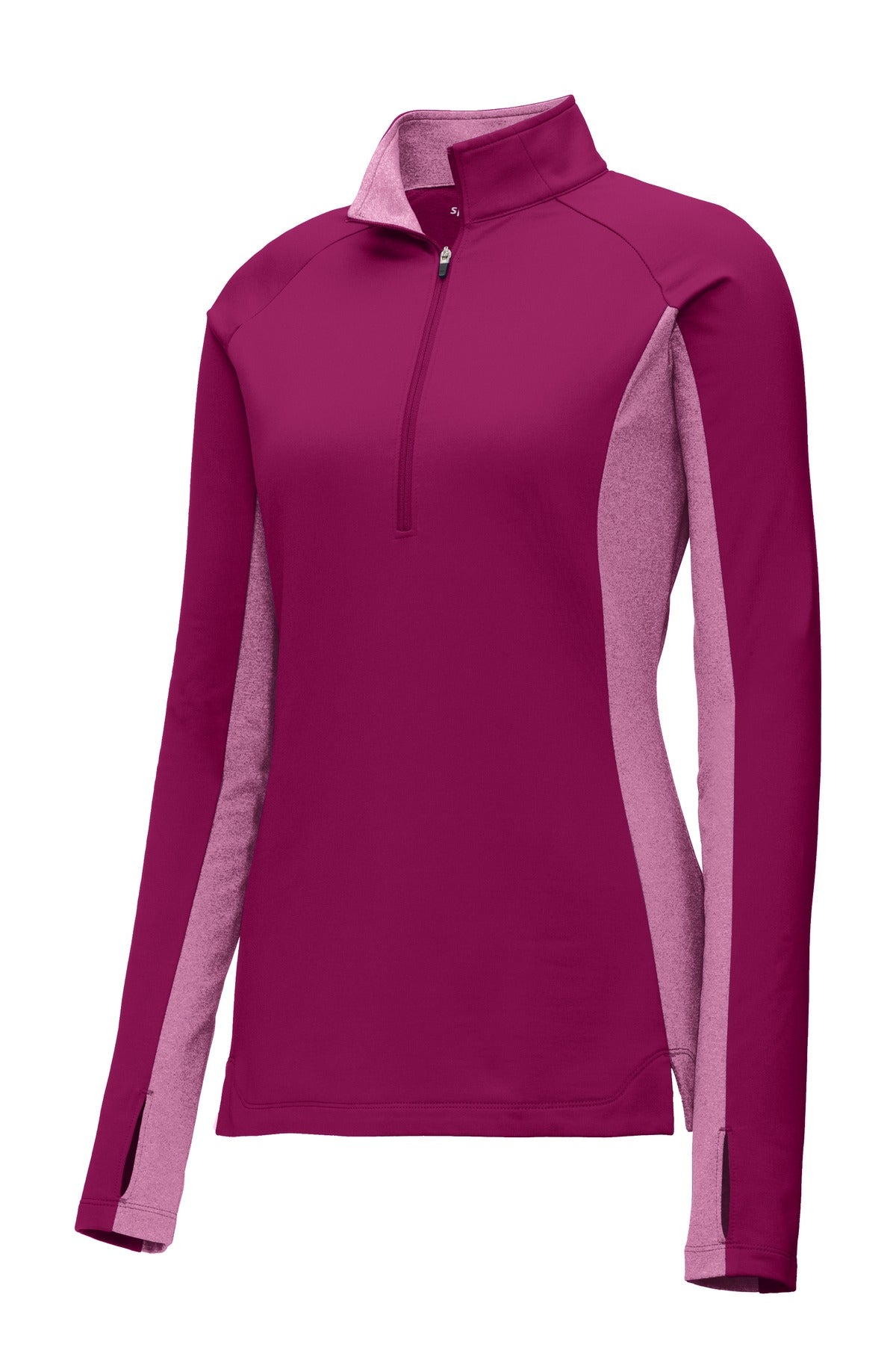 Front View of Pink Rush/PkRH Sport-Tek Women's Sport-Wick Stretch Contrast 1/4-Zip Pullover. LST854