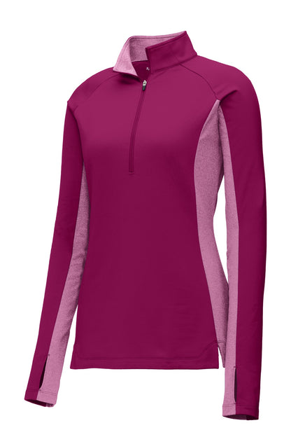 Front View of Pink Rush/PkRH Sport-Tek Women's Sport-Wick Stretch Contrast 1/4-Zip Pullover. LST854