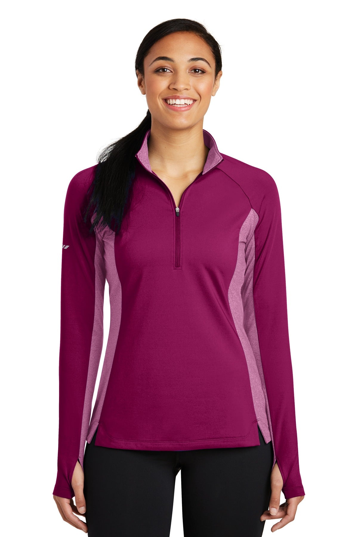 Front View of Pink Rush/PkRH Sport-Tek Women's Sport-Wick Stretch Contrast 1/4-Zip Pullover. LST854