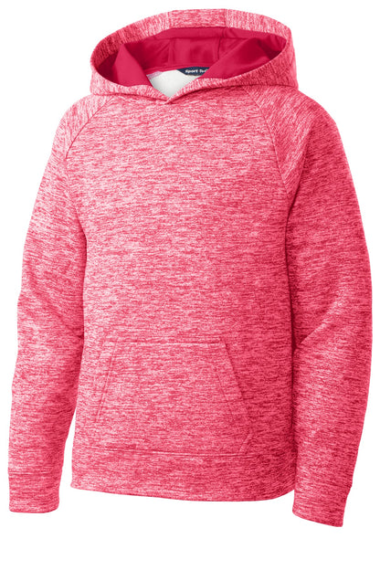 Front View of Power Pink Ele Sport-Tek Youth PosiCharge Electric Heather Fleece Hooded Pullover. YST225