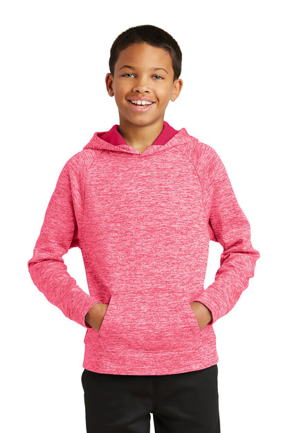 Front View of Power Pink Ele Sport-Tek Youth PosiCharge Electric Heather Fleece Hooded Pullover. YST225