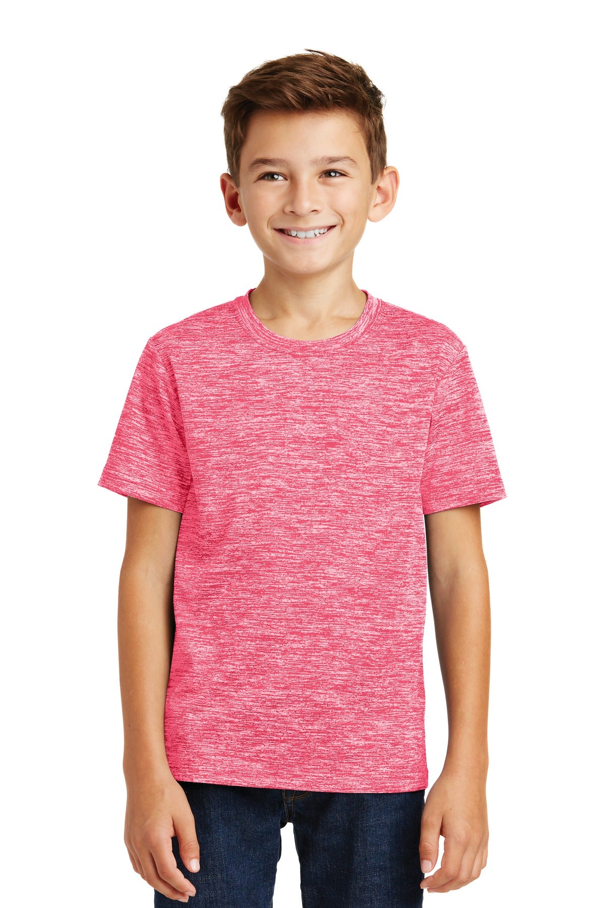 Front View of Power Pink Ele Sport-Tek Youth PosiCharge Electric Heather Tee. YST390