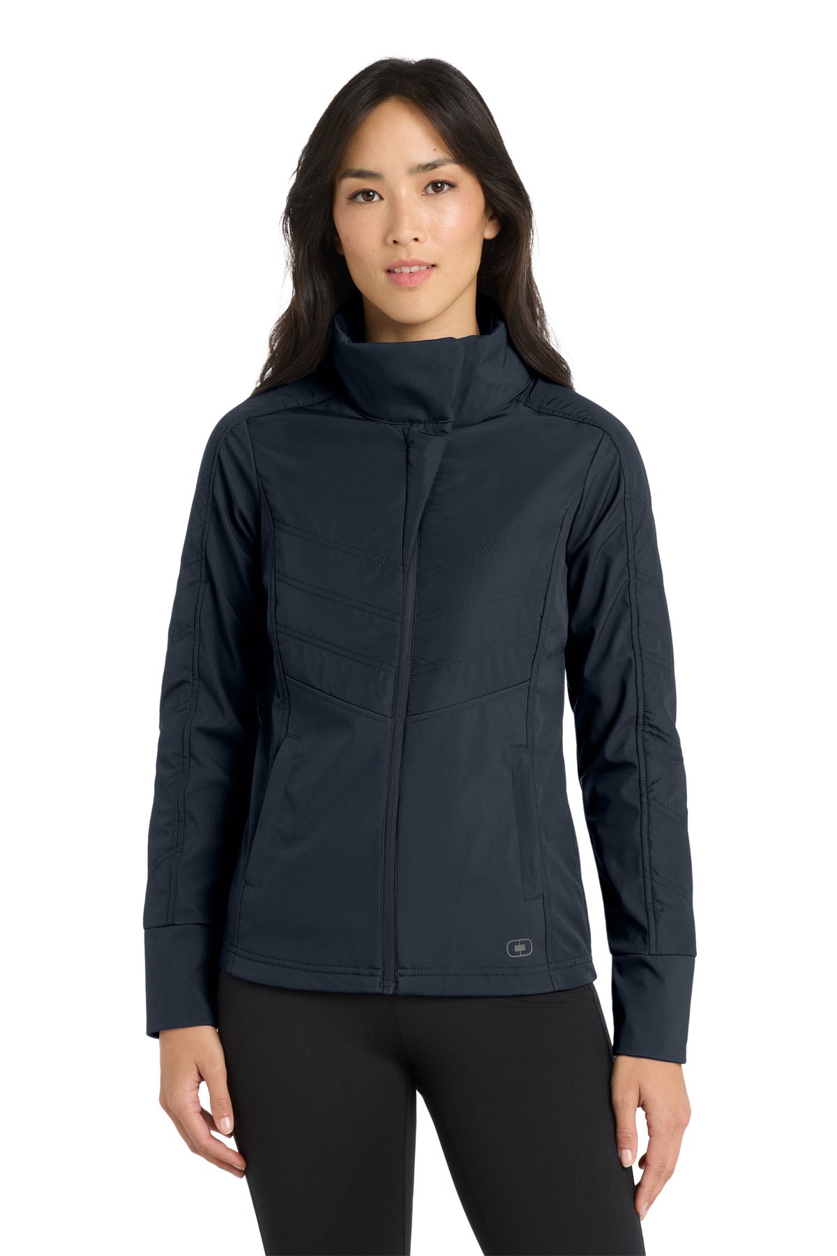 Front View of Propel Navy OGIO Women's Brink Soft Shell. LOE722