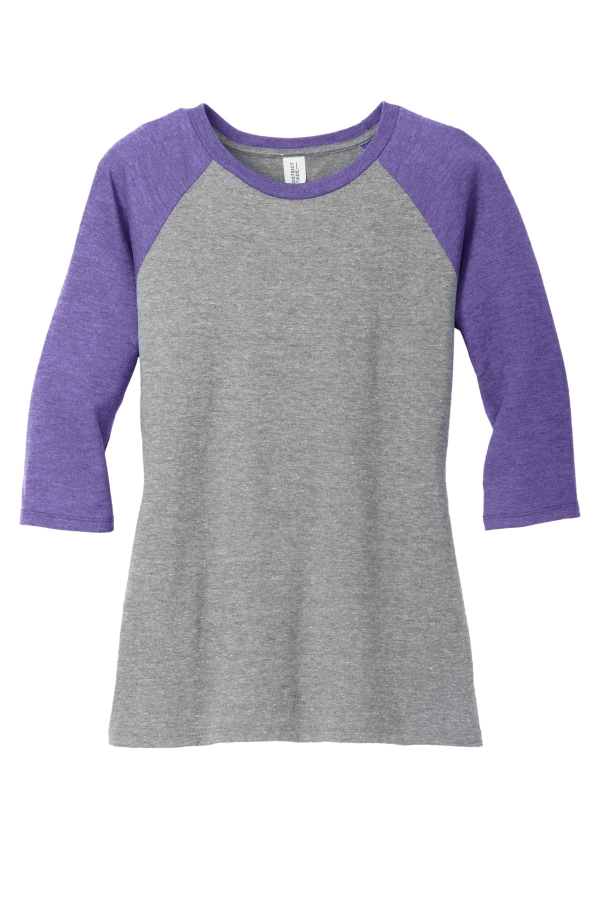 Front View of Purple Fr/Gy F District Women's Perfect Tri 3/4-Sleeve Raglan. DM136L