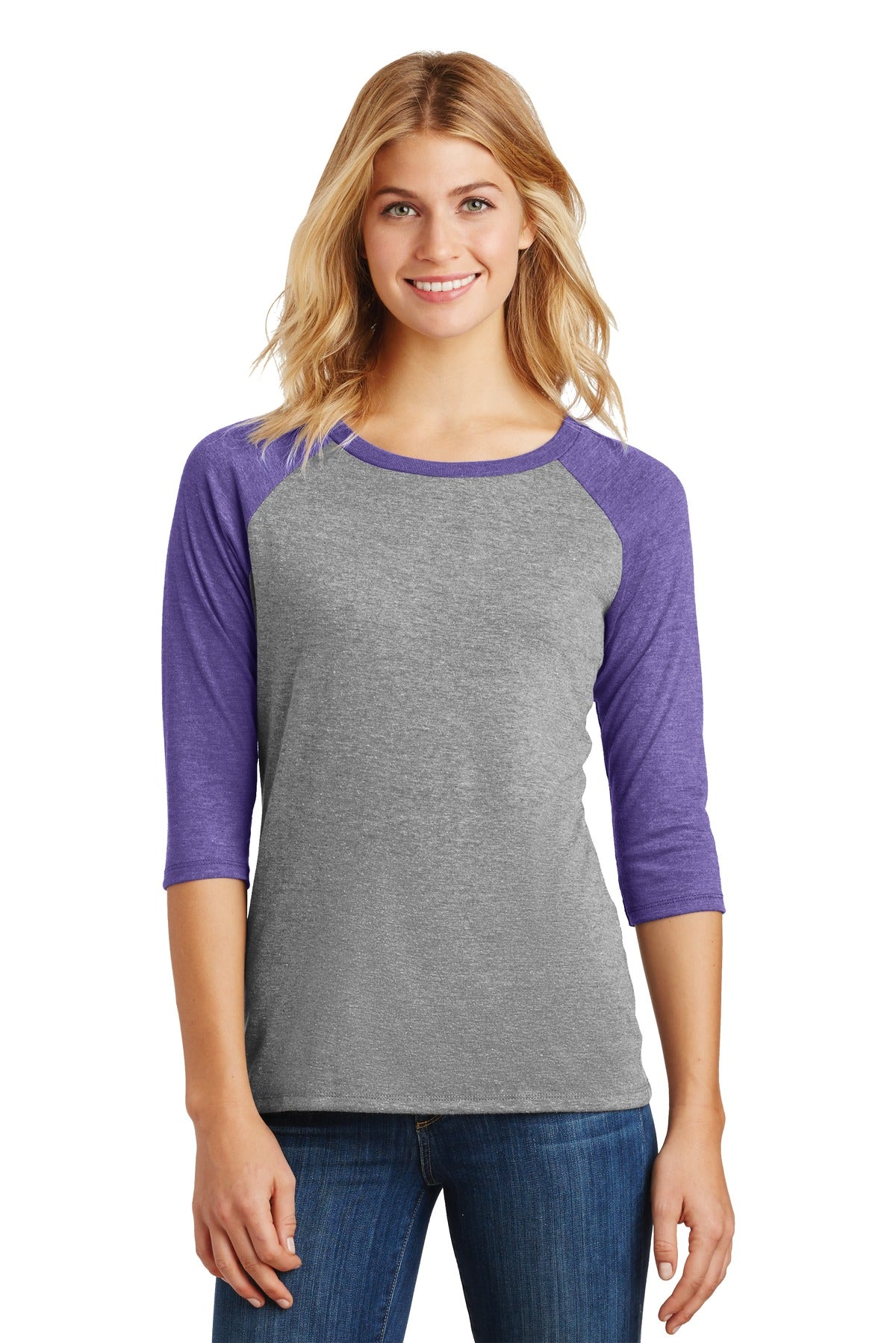 Front View of Purple Fr/Gy F District Women's Perfect Tri 3/4-Sleeve Raglan. DM136L
