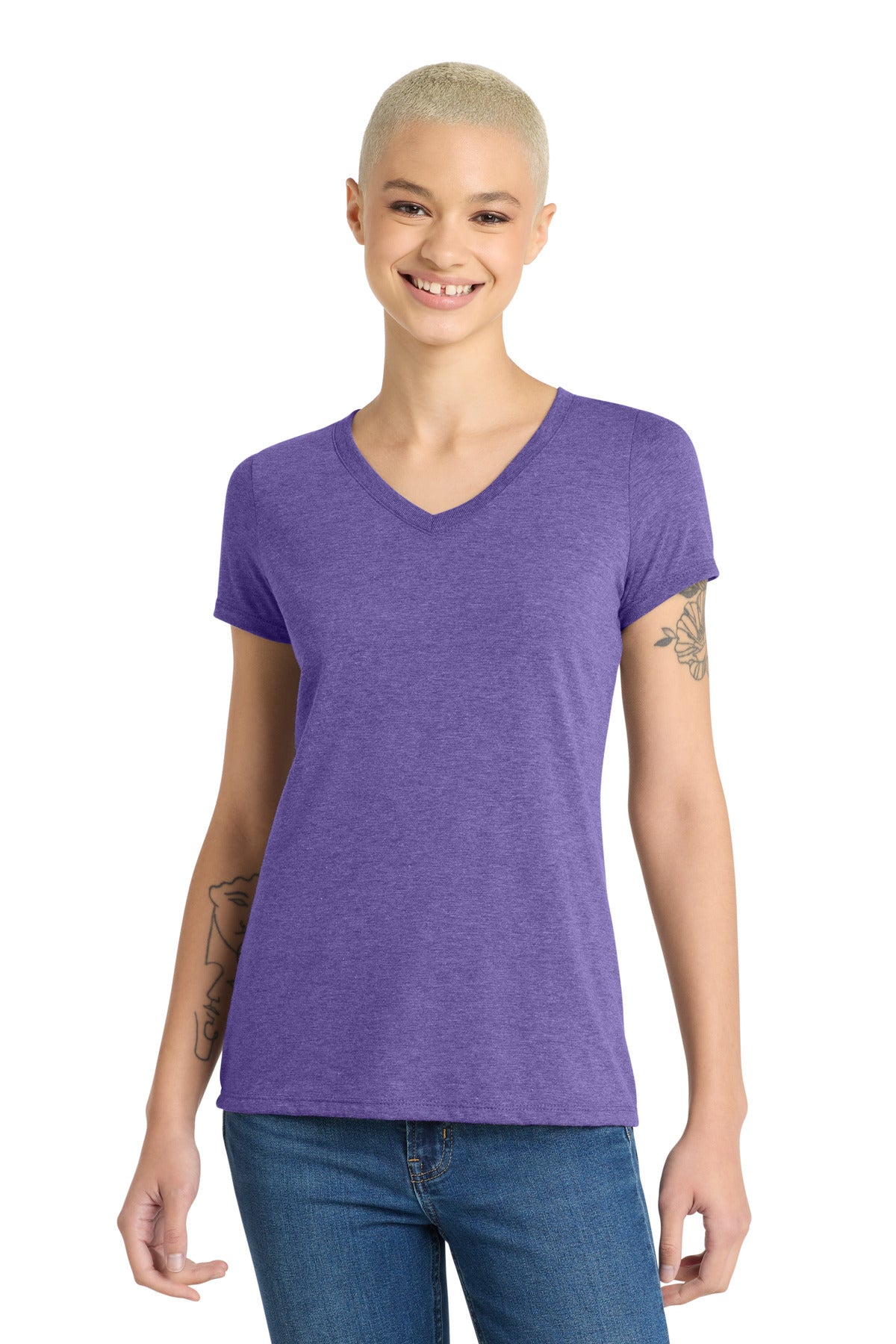 Front View of Purple Frost District Women's Perfect Tri V-Neck Tee. DM1350L