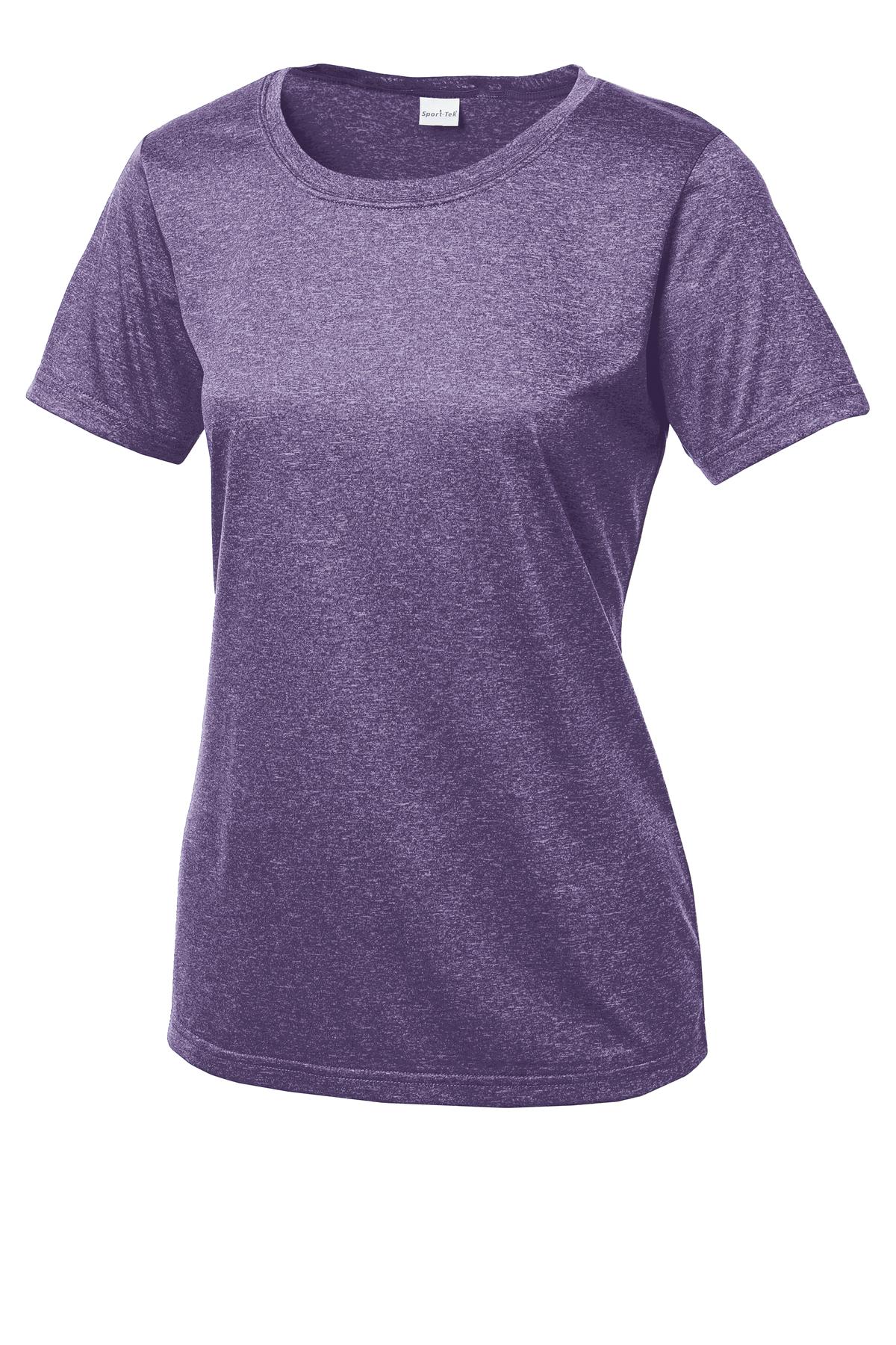 Front View of Purple Hthr Sport-Tek Women's Heather Contender Scoop Neck Tee. LST360