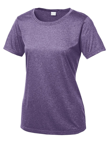 Front View of Purple Hthr Sport-Tek Women's Heather Contender Scoop Neck Tee. LST360