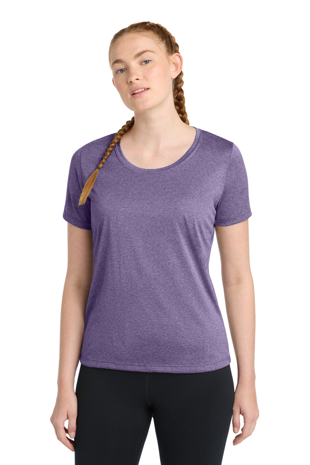 Front View of Purple Hthr Sport-Tek Women's Heather Contender Scoop Neck Tee. LST360