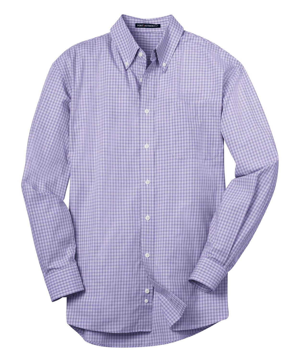 Front View of Purple Port Authority Plaid Pattern Easy Care Shirt. S639