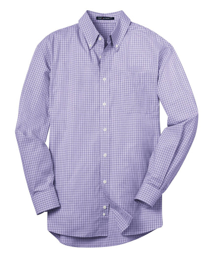 Front View of Purple Port Authority Plaid Pattern Easy Care Shirt. S639