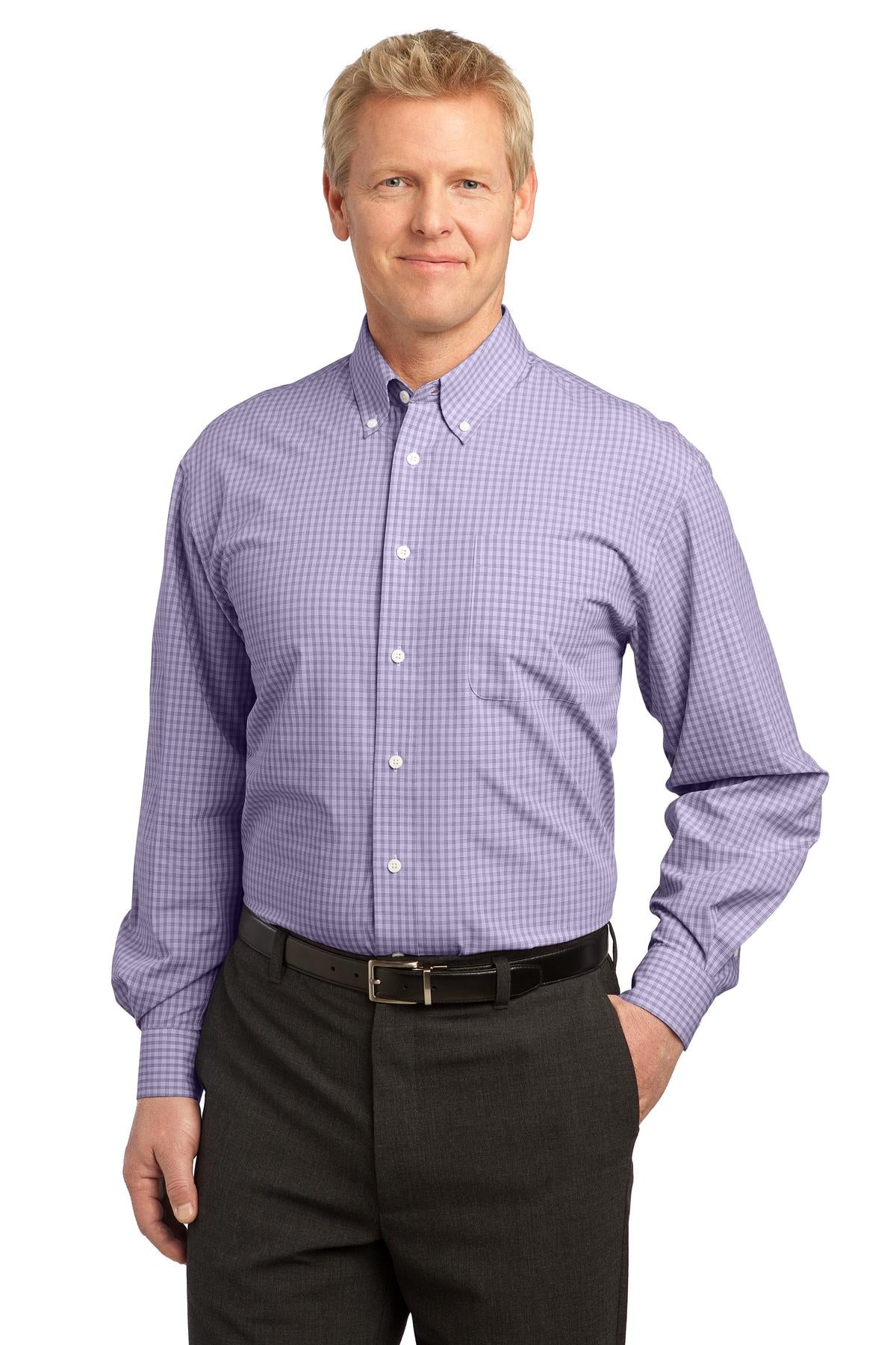 Front View of Purple Port Authority Plaid Pattern Easy Care Shirt. S639