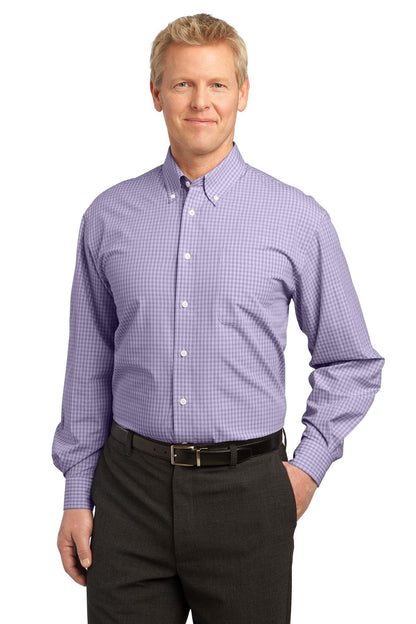 Front View of Purple Port Authority Plaid Pattern Easy Care Shirt. S639
