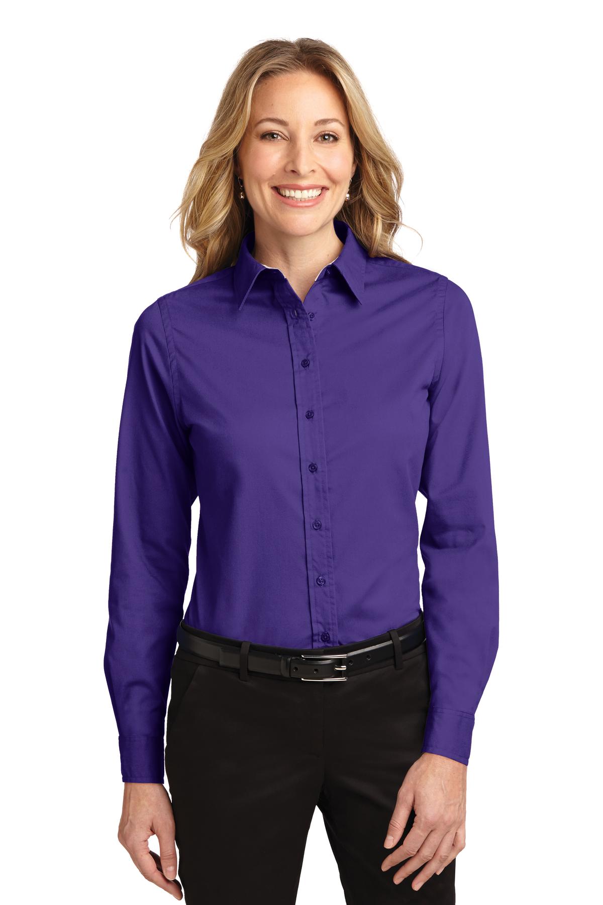 Front View of Purple Port Authority Women's Long Sleeve Easy Care Shirt. L608