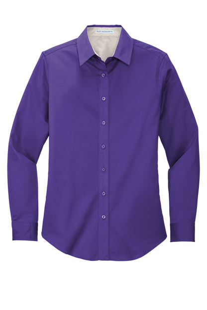 Front View of Purple Port Authority Women's Long Sleeve Easy Care Shirt. L608