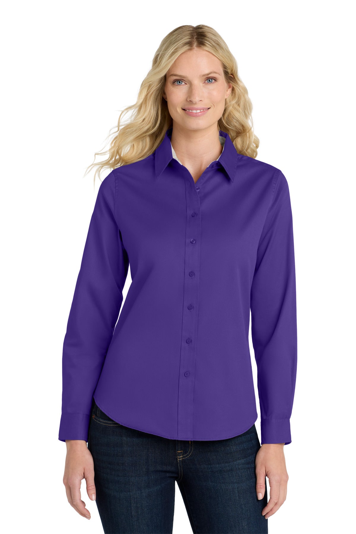 Front View of Purple Port Authority Women's Long Sleeve Easy Care Shirt. L608
