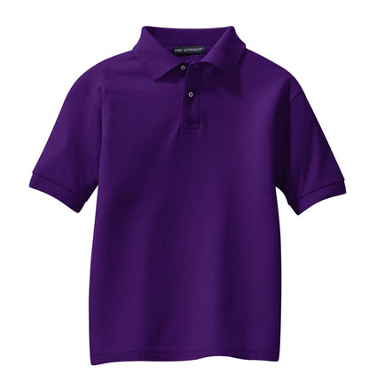 Front View of Purple Port Authority Youth Silk Touch Polo. Y500