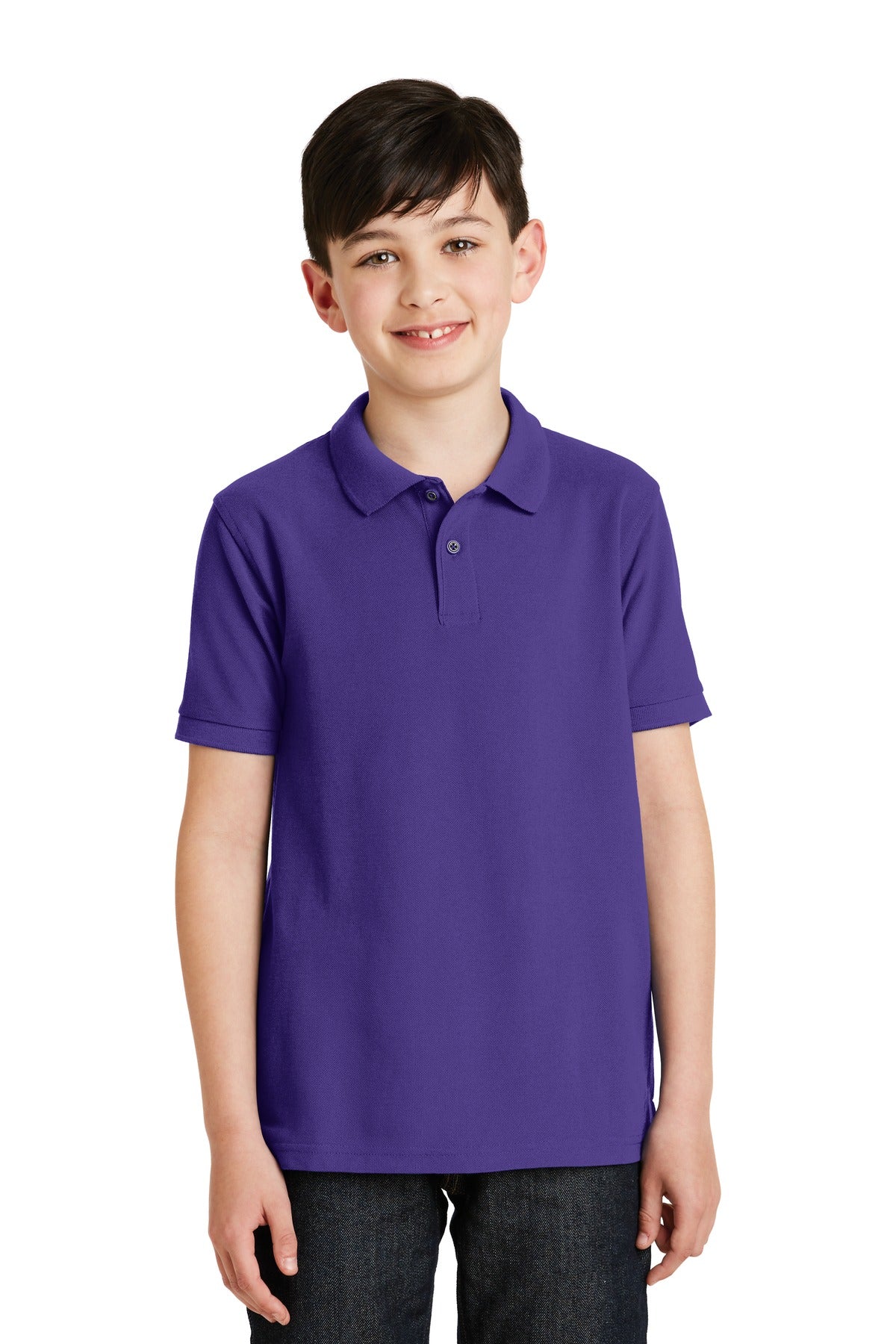 Front View of Purple Port Authority Youth Silk Touch Polo. Y500