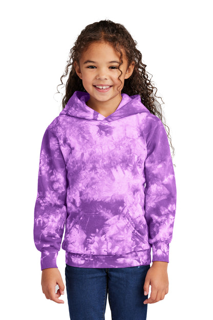Front View of Purple Port & Company Youth Crystal Tie-Dye Pullover Hoodie PC144Y