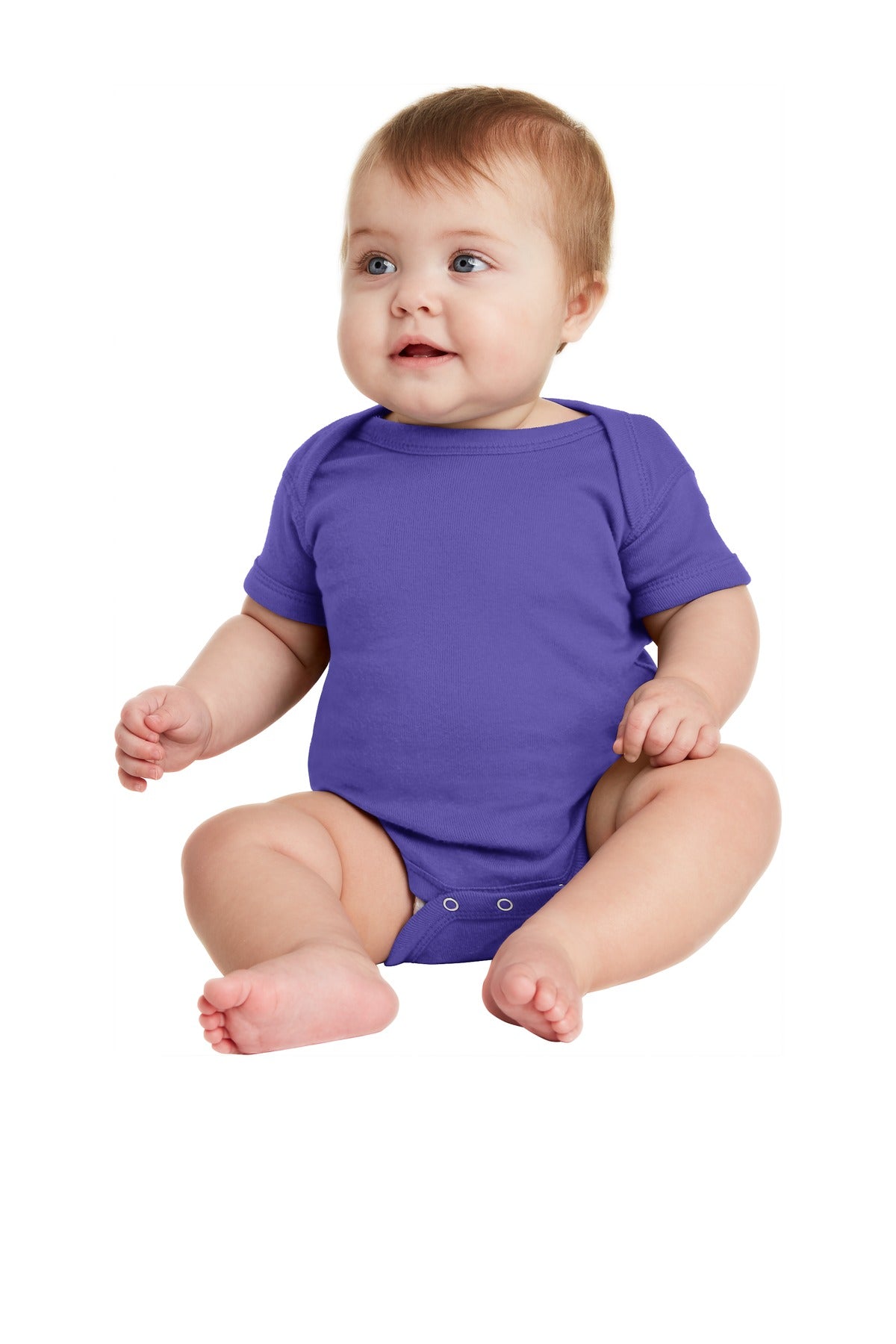 Front View of Purple Rabbit Skins Infant Short Sleeve Baby Rib Bodysuit. RS4400