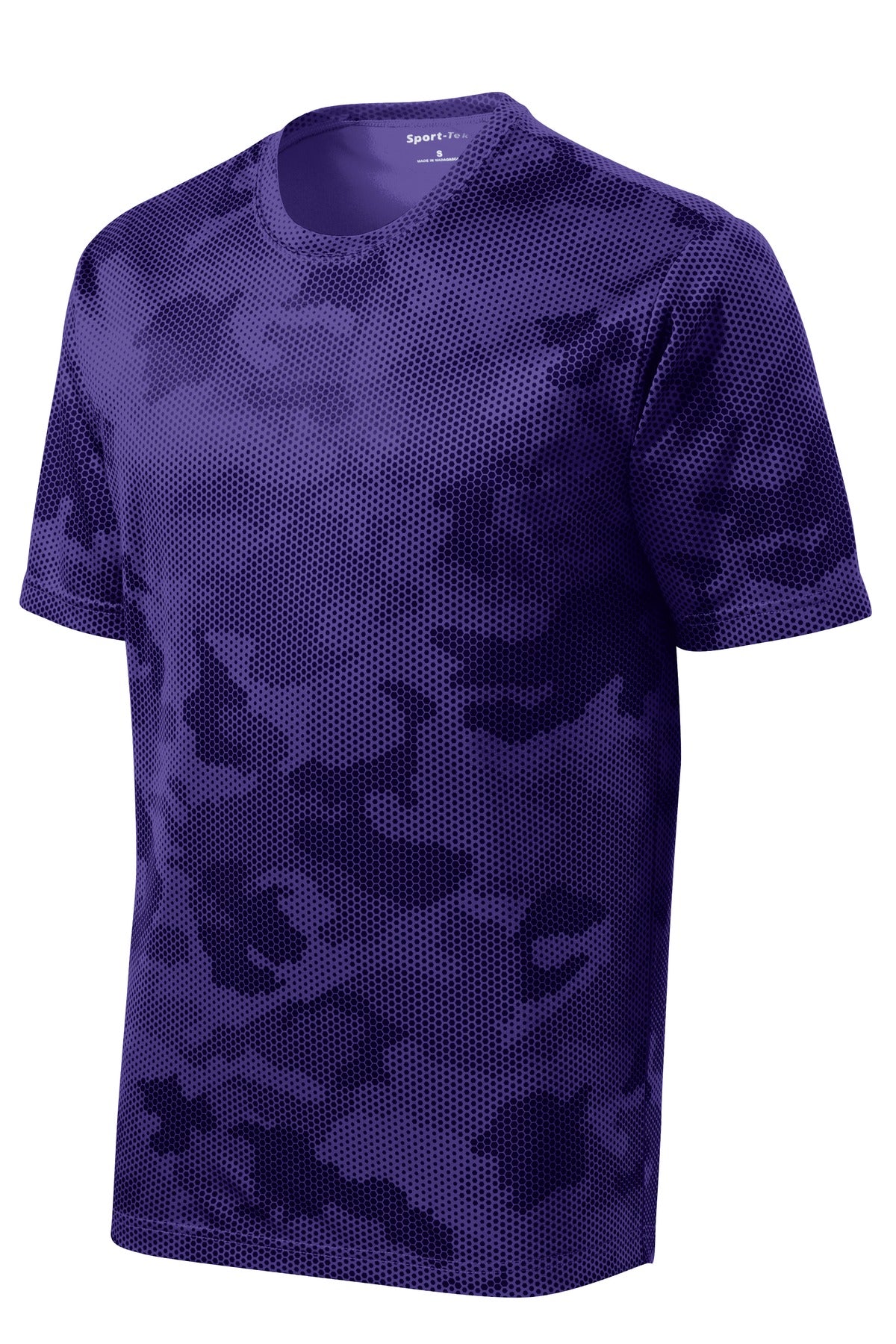Front View of Purple Sport-Tek CamoHex Tee. ST370