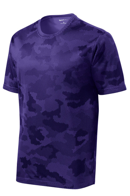 Front View of Purple Sport-Tek CamoHex Tee. ST370