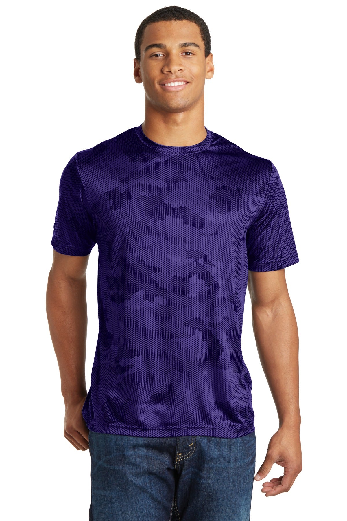 Front View of Purple Sport-Tek CamoHex Tee. ST370