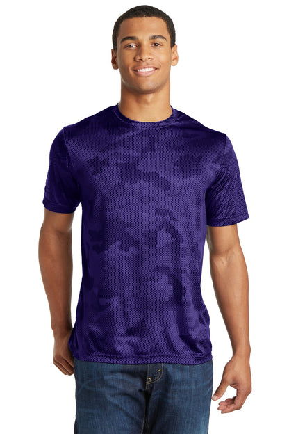 Front View of Purple Sport-Tek CamoHex Tee. ST370