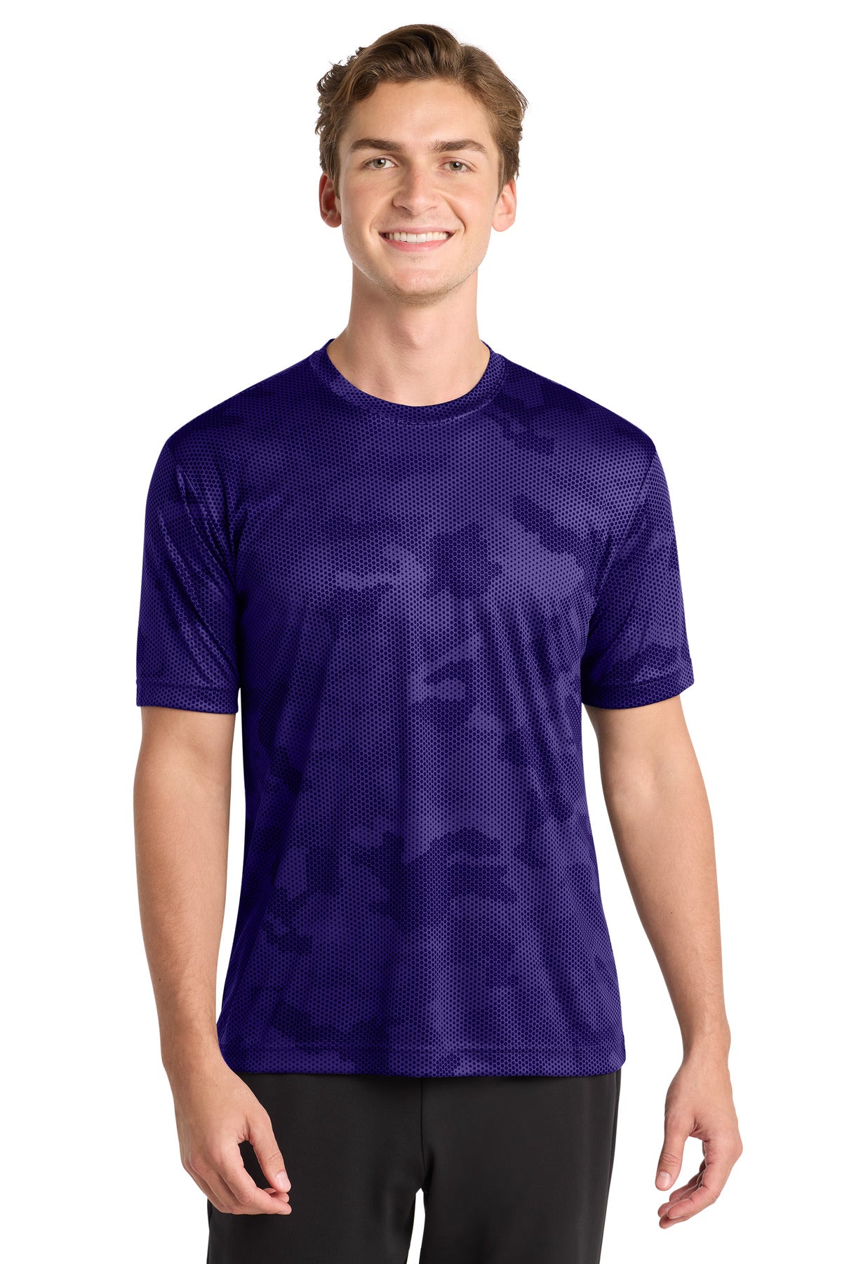 Front View of Purple Sport-Tek CamoHex Tee. ST370