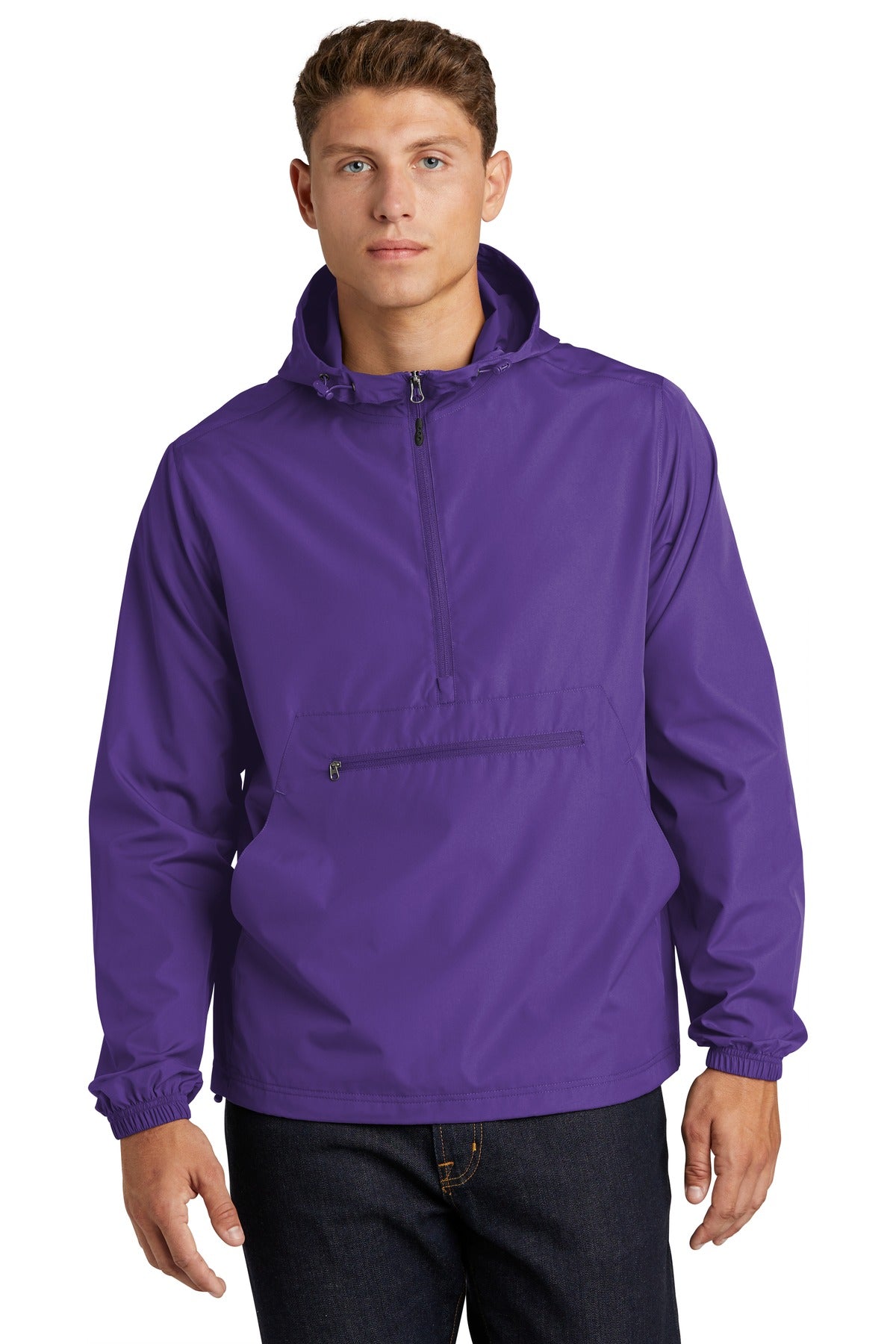 Front View of Purple Sport-Tek Packable Anorak. JST66