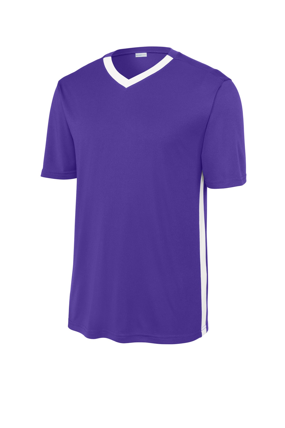 Front View of Purple/Wh Sport-Tek Competitor United V-Neck ST101
