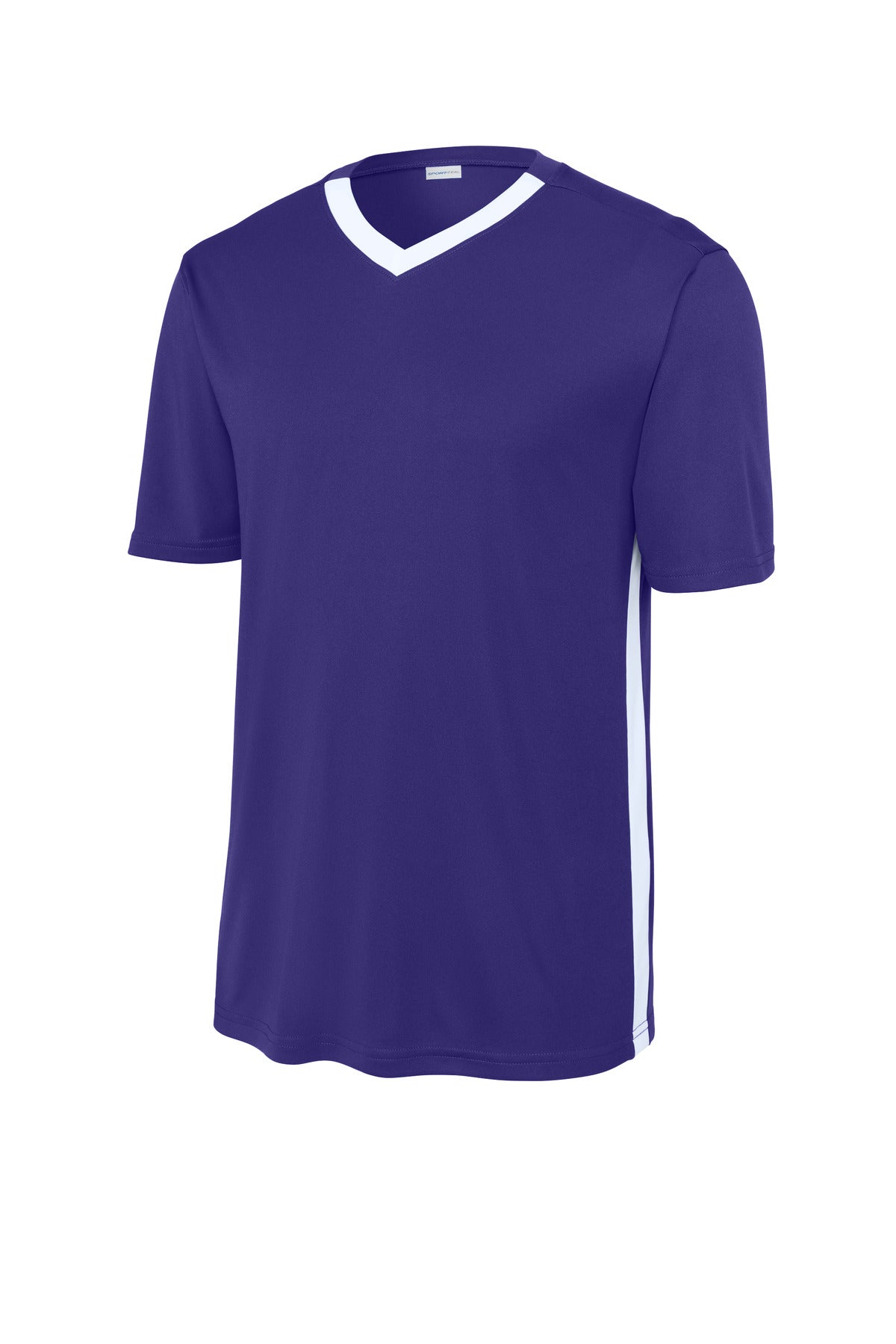 Front View of Purple/Wh Sport-Tek Competitor United V-Neck ST101