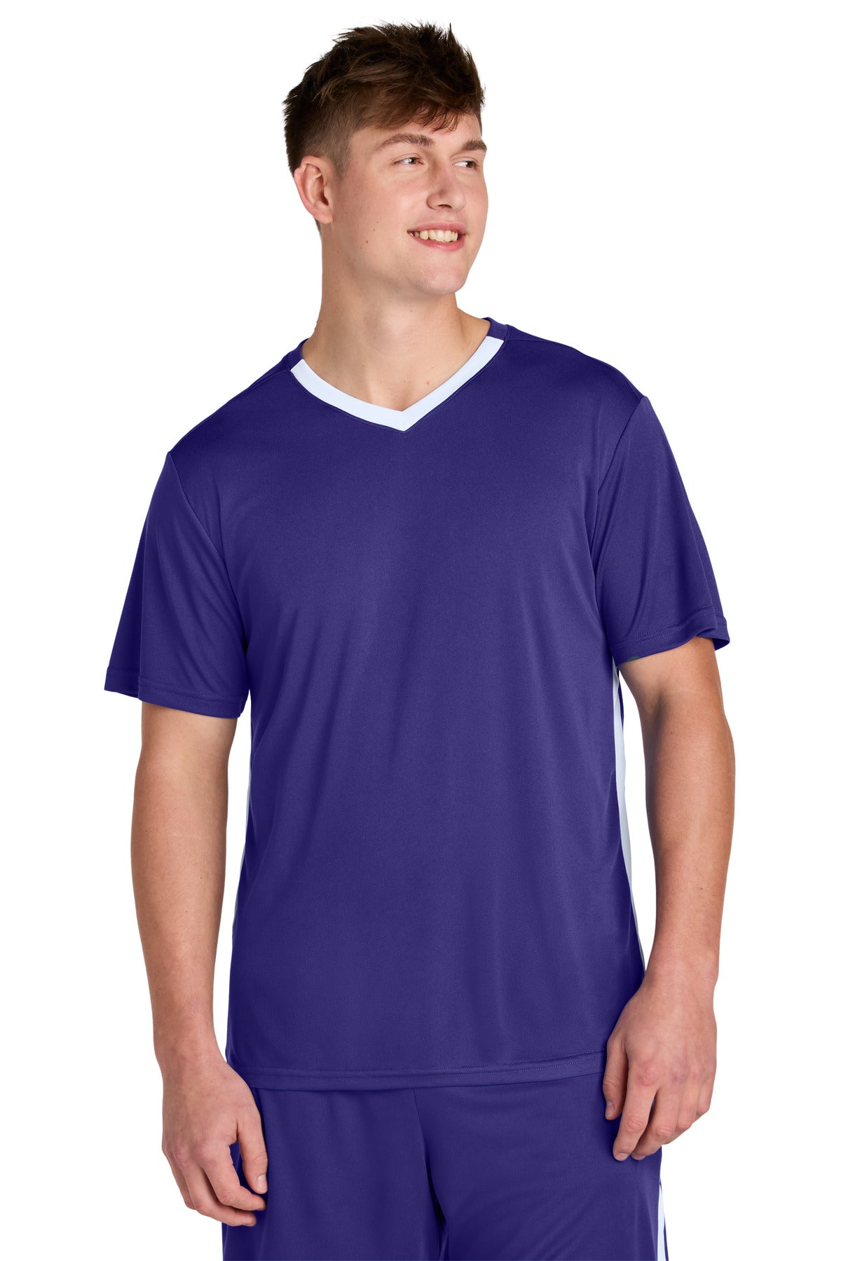 Front View of Purple/Wh Sport-Tek Competitor United V-Neck ST101