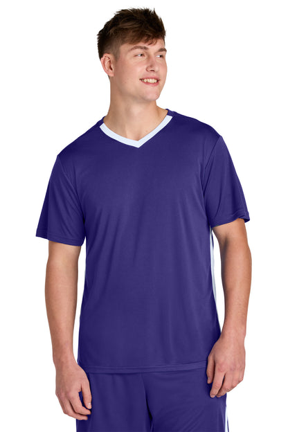 Front View of Purple/Wh Sport-Tek Competitor United V-Neck ST101