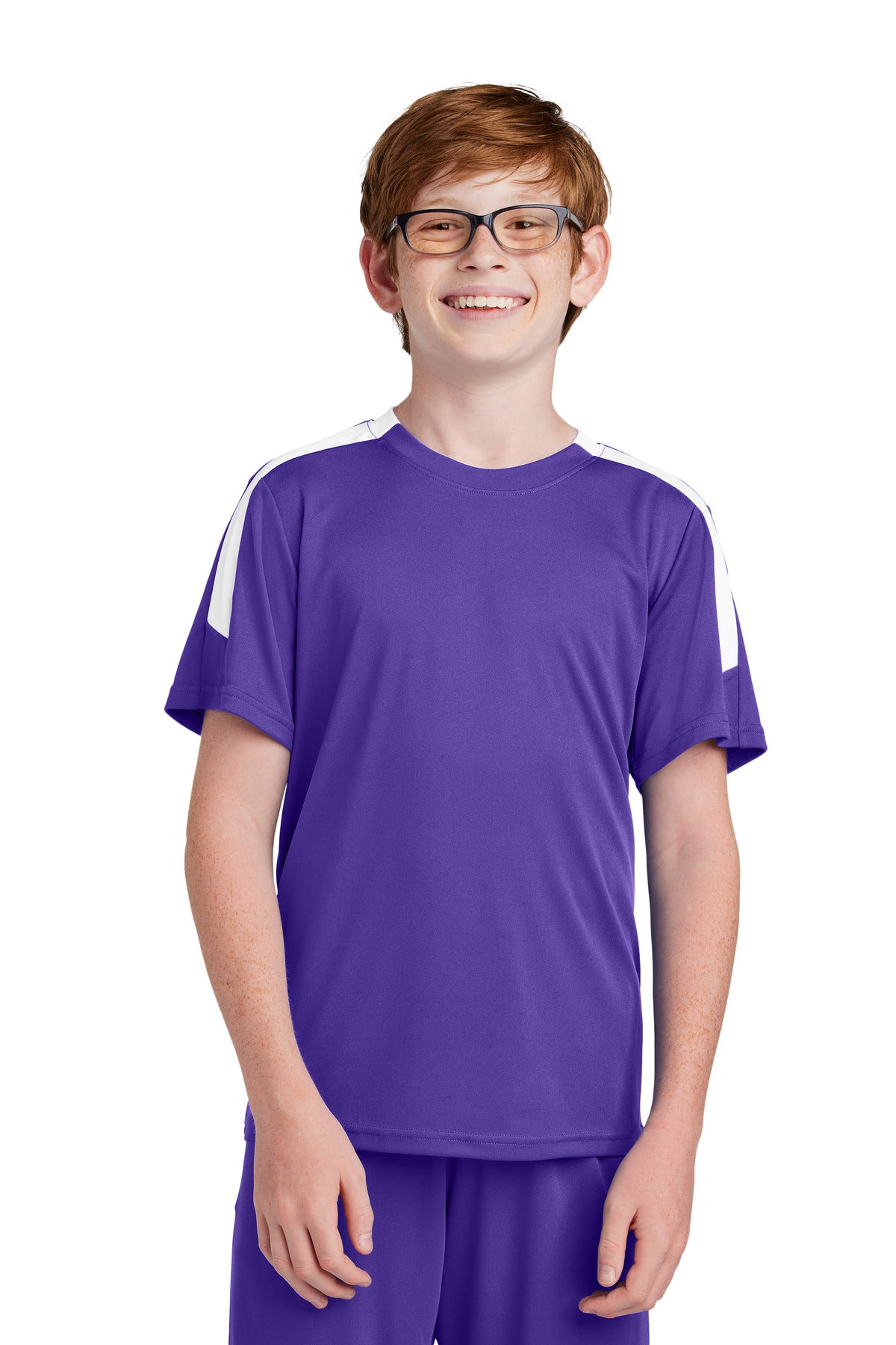 Front View of Purple/Wh Sport-Tek Youth Competitor United Crew YST100