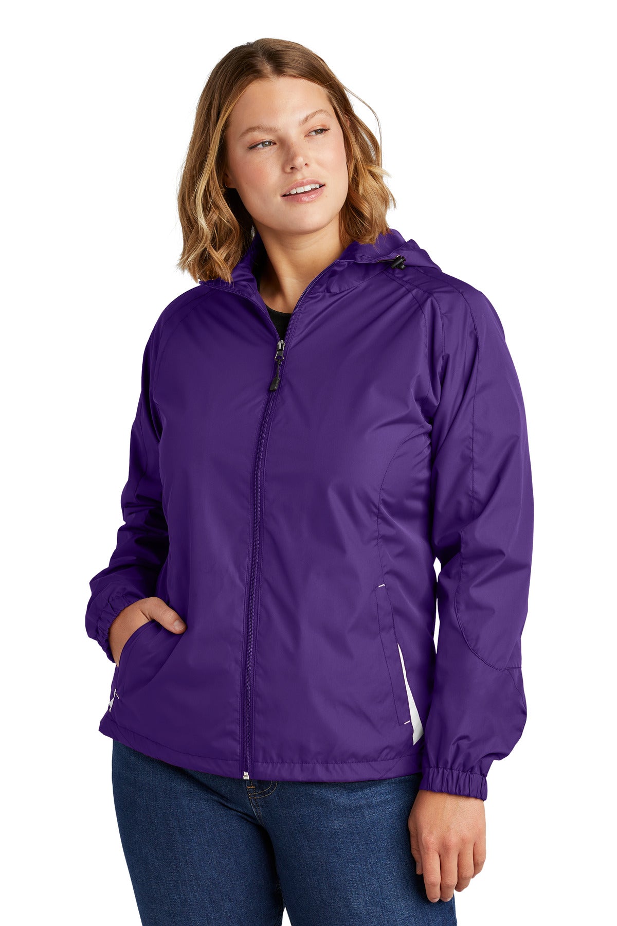 Front View of Purple/White Sport-Tek Women's Colorblock Hooded Raglan Jacket. LST76