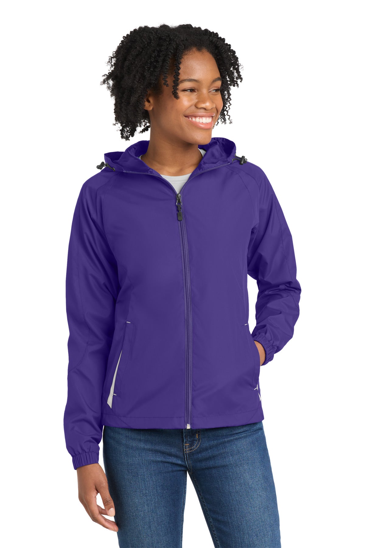 Front View of Purple/White Sport-Tek Women's Colorblock Hooded Raglan Jacket. LST76