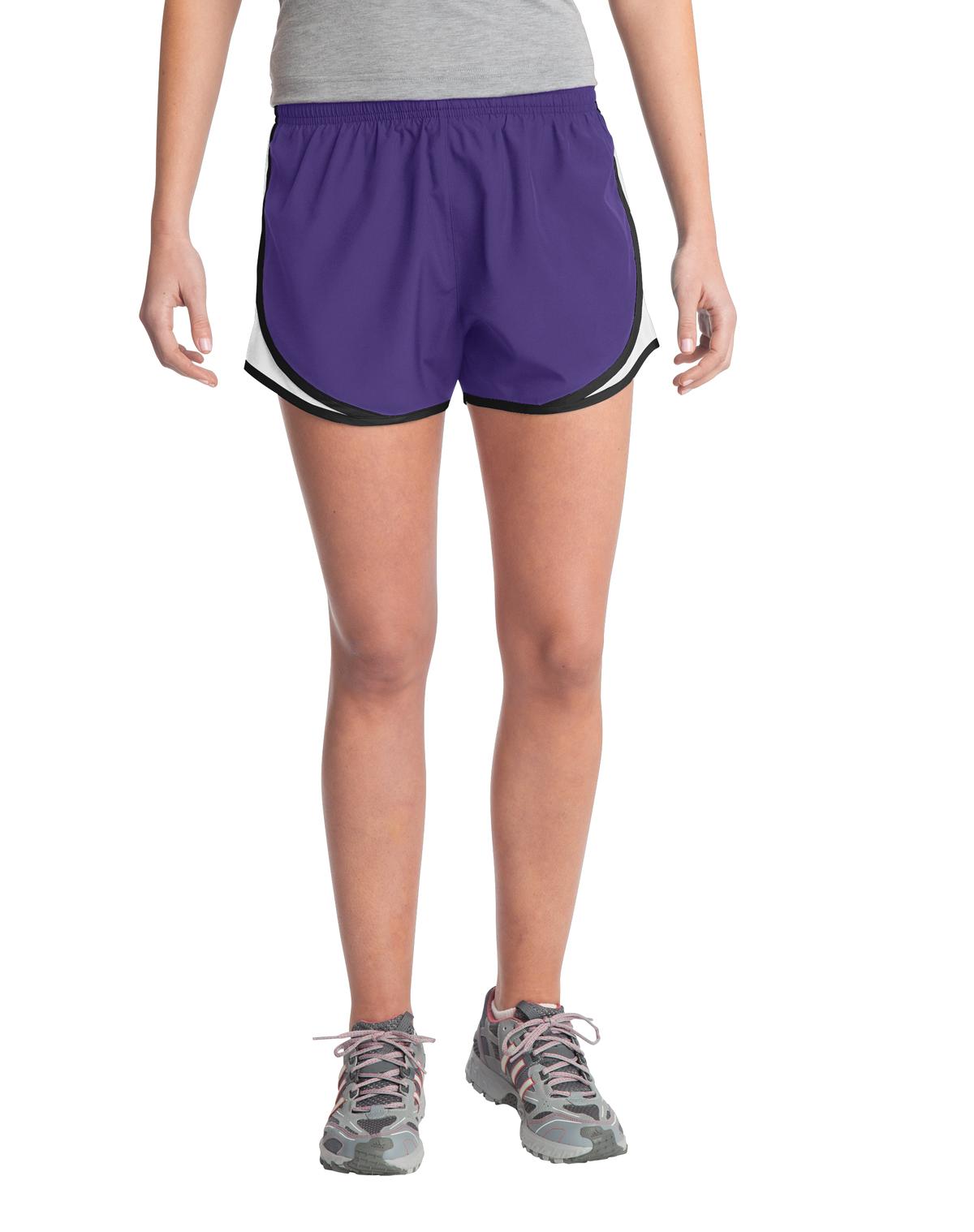 Front View of Purple/Wht/Blk Sport-Tek Women's Cadence Short. LST304