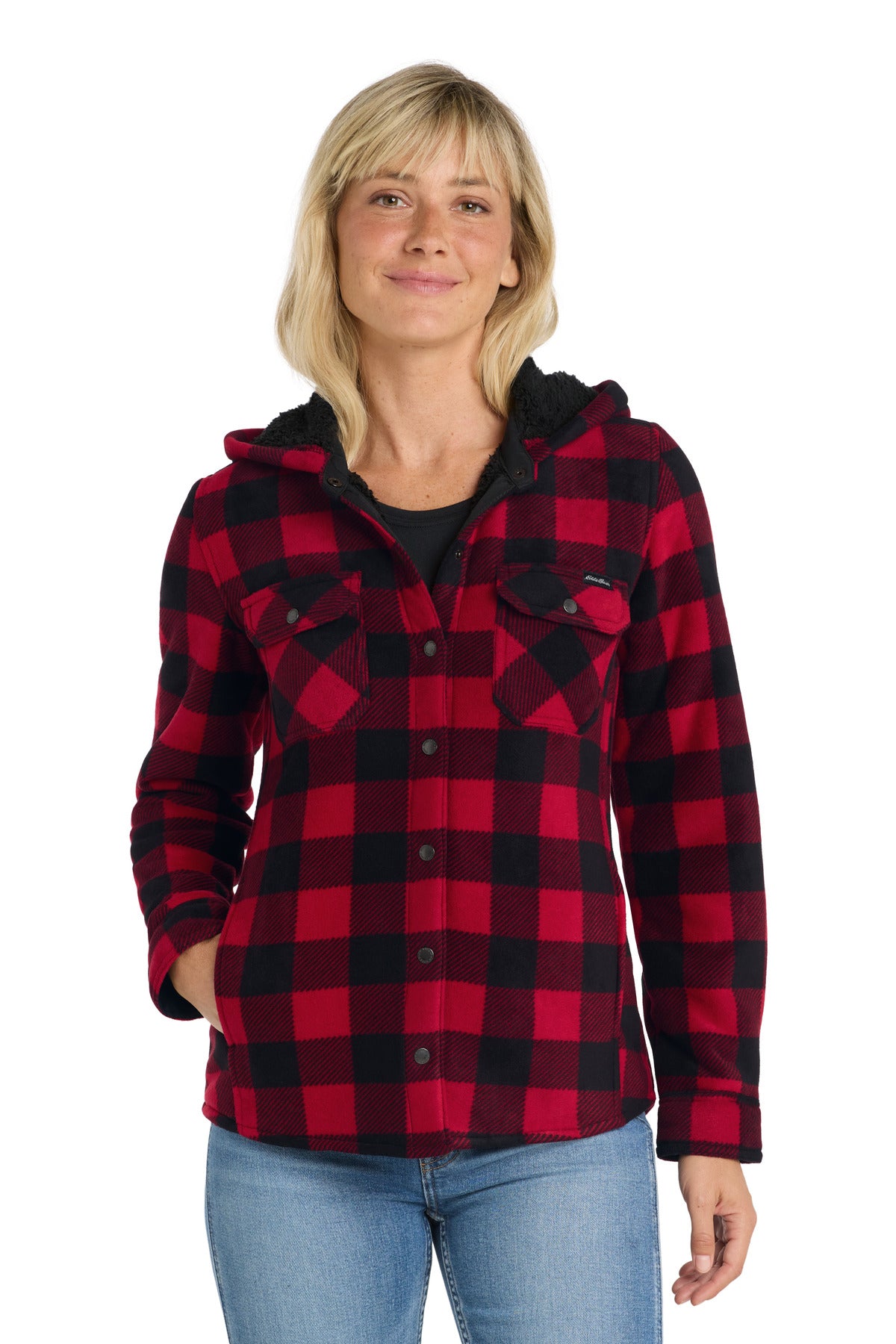 Front View of Radish/Blk Eddie Bauer Women's Woodland Shirt Jac EB229