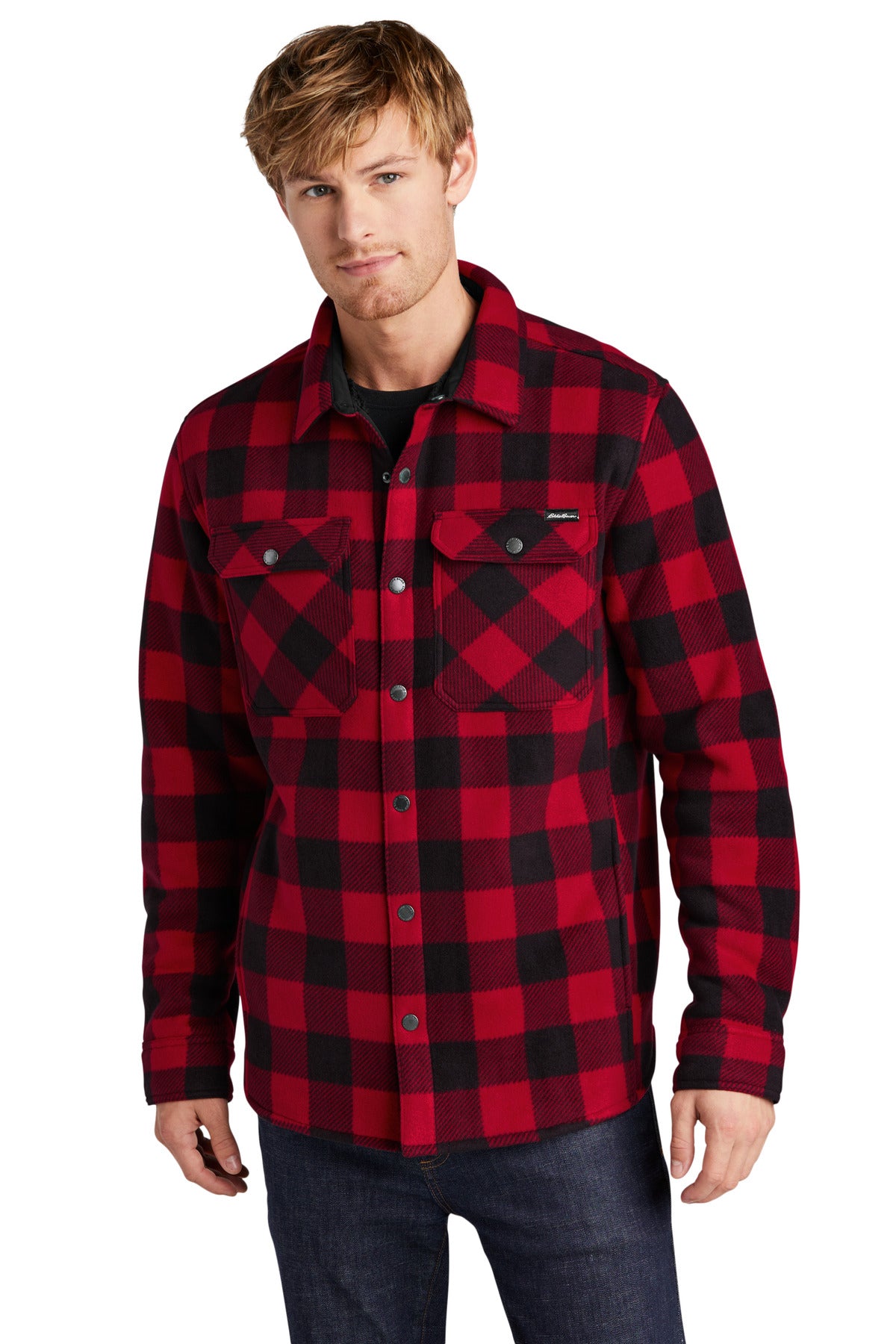 Front View of Radish/Blk Eddie Bauer Woodland Shirt Jac EB228