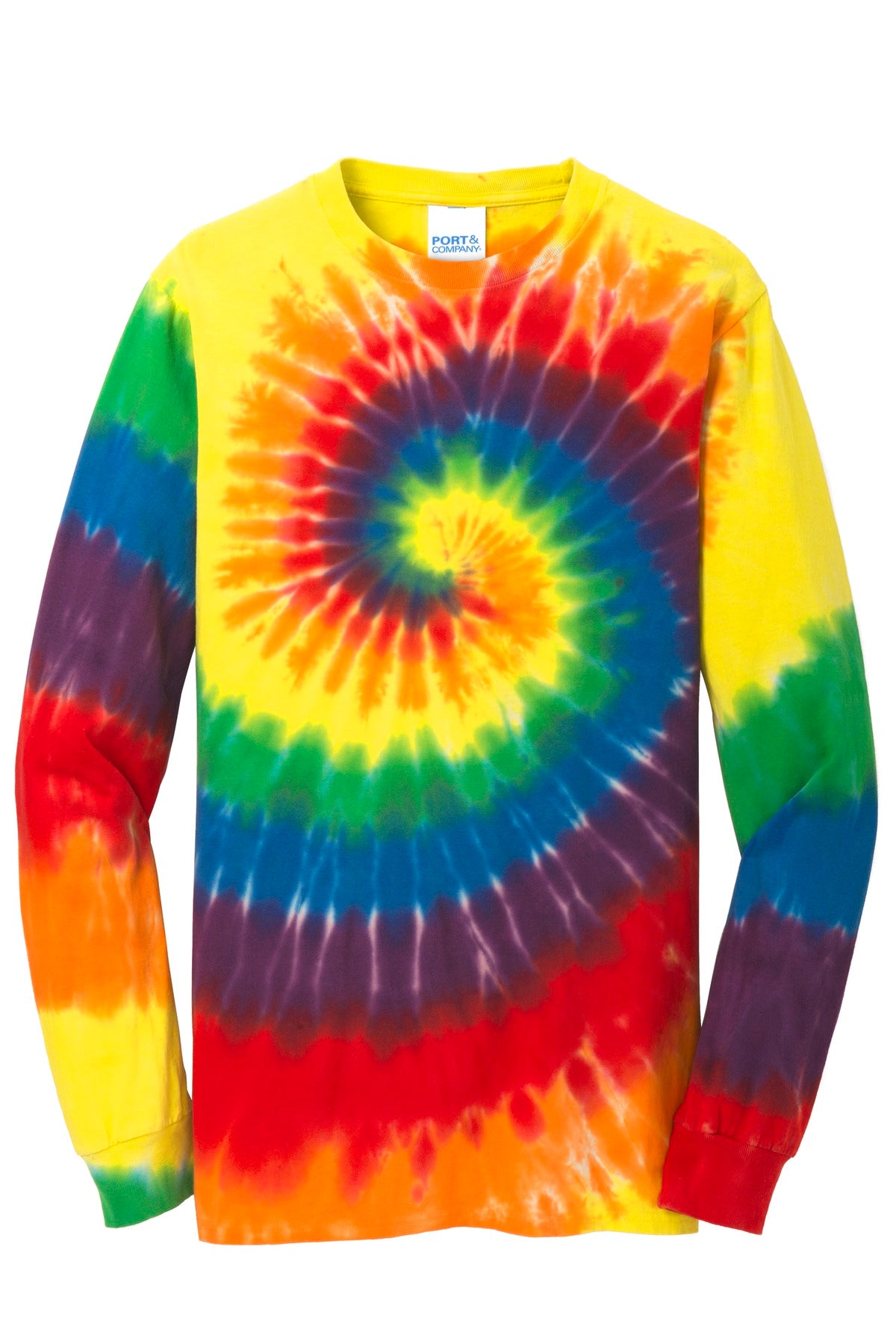 Front View of Rainbow Port & Company Tie-Dye Long Sleeve Tee. PC147LS