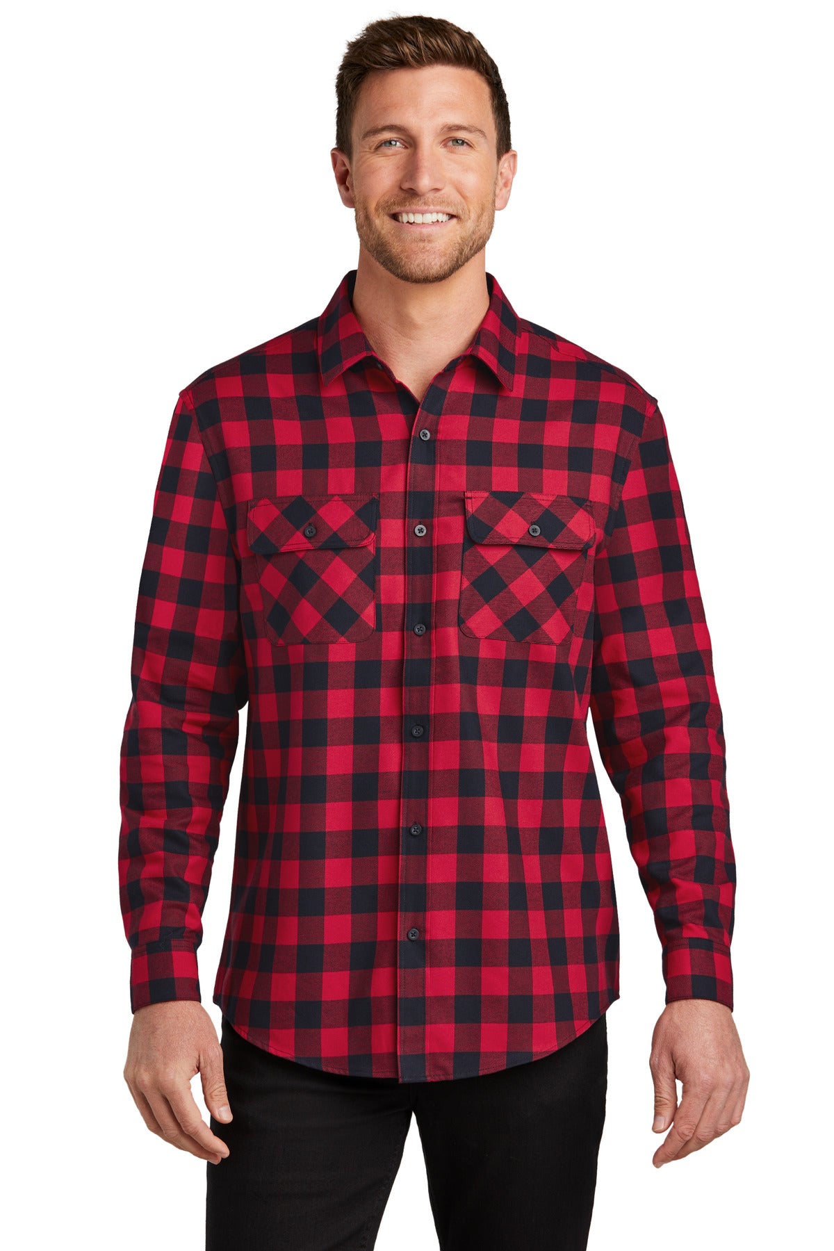 Front View of R/BkBfflCk Port Authority Plaid Flannel Shirt. W668