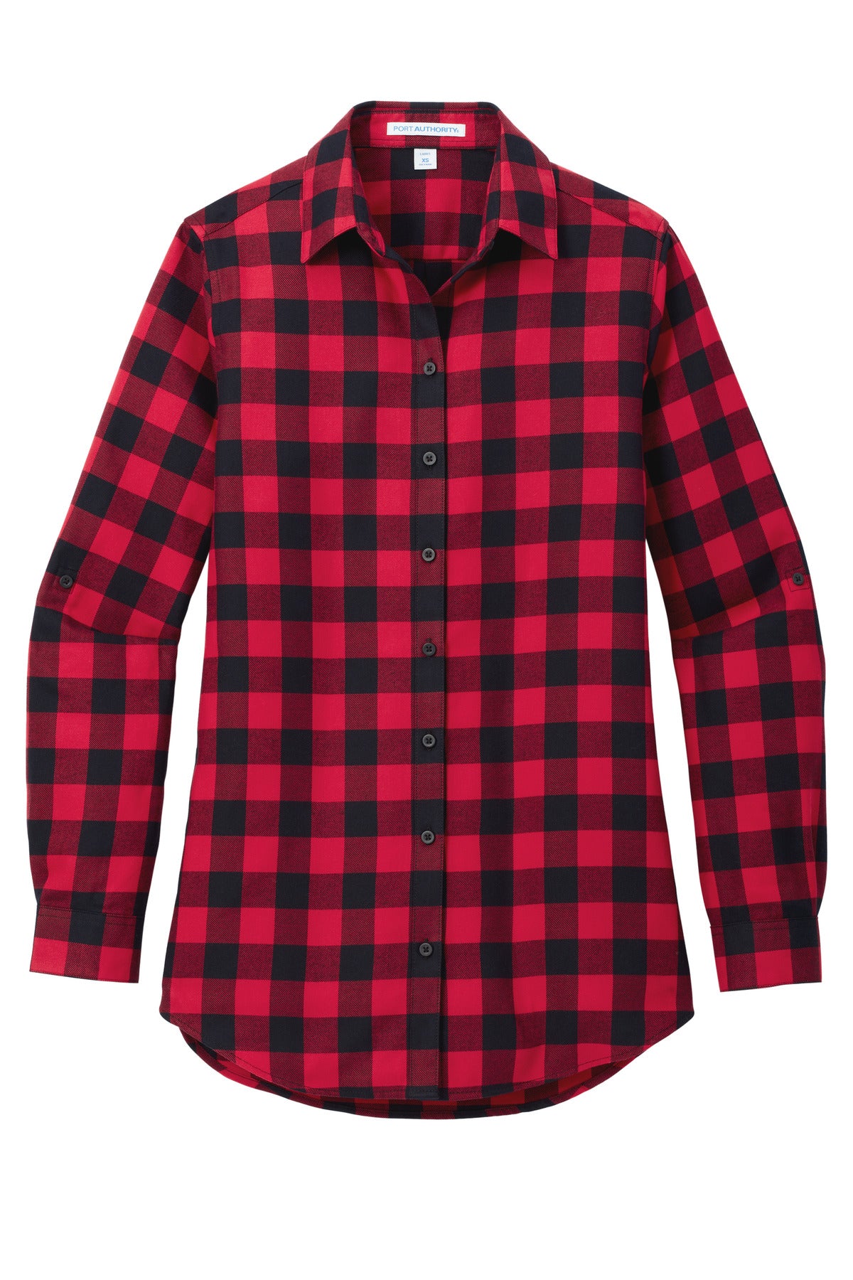 Front View of R/BkBfflCk Port Authority Women's Plaid Flannel Tunic . LW668