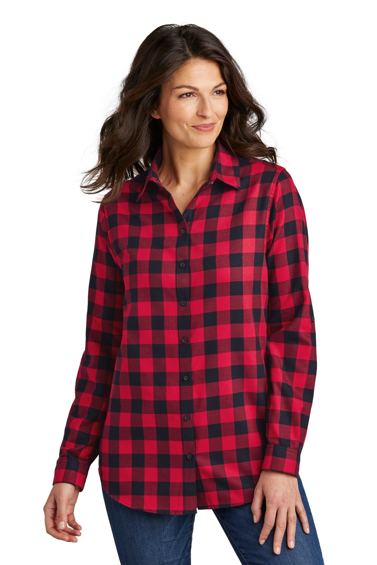 Front View of R/BkBfflCk Port Authority Women's Plaid Flannel Tunic . LW668