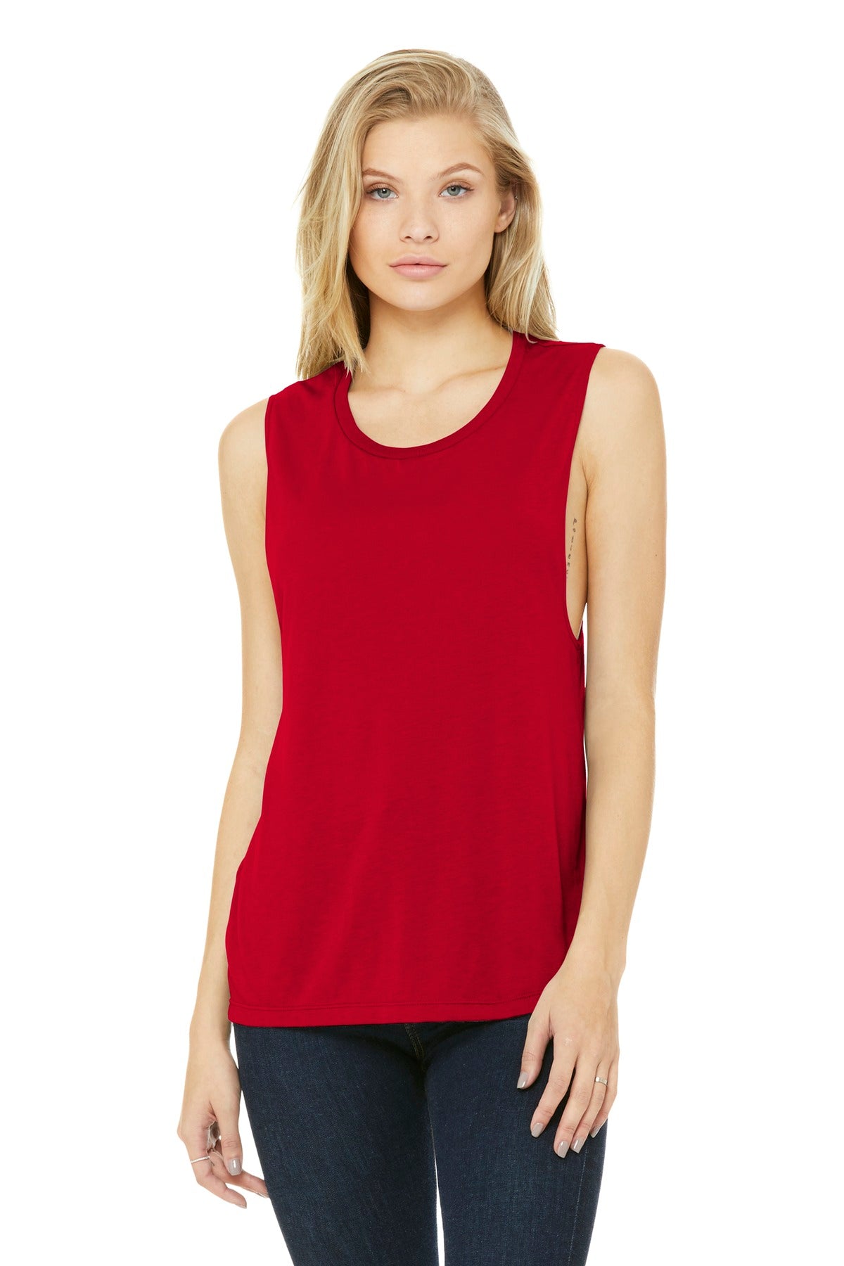 Front View of Red BELLA+CANVAS Women's Flowy Scoop Muscle Tank. BC8803