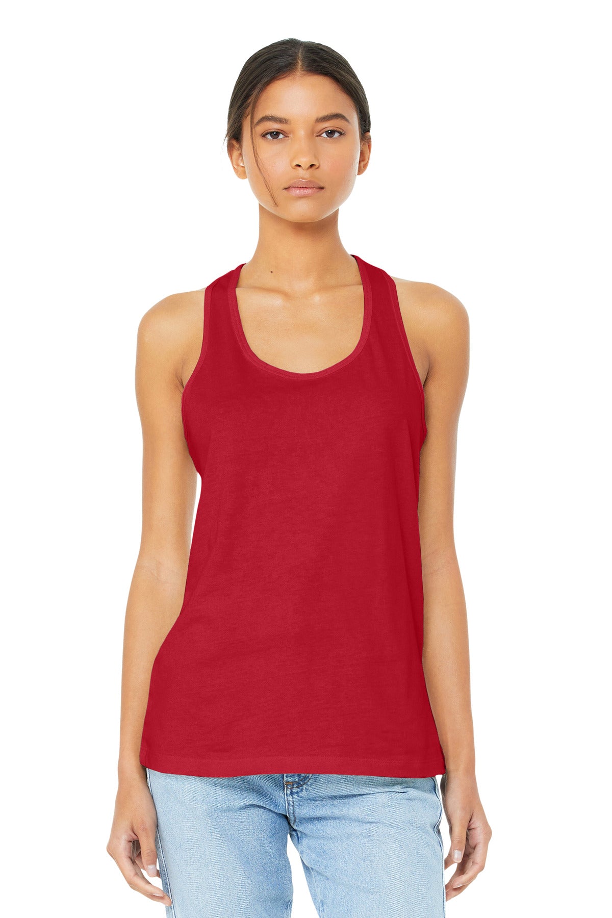 Front View of Red BELLA+CANVAS Women's Jersey Racerback Tank. BC6008