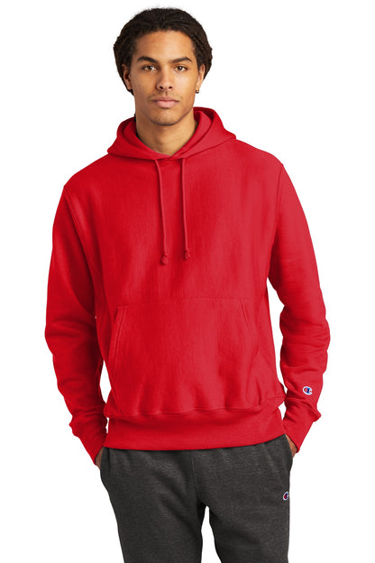Front View of Red Champion Reverse Weave Hooded Sweatshirt S101